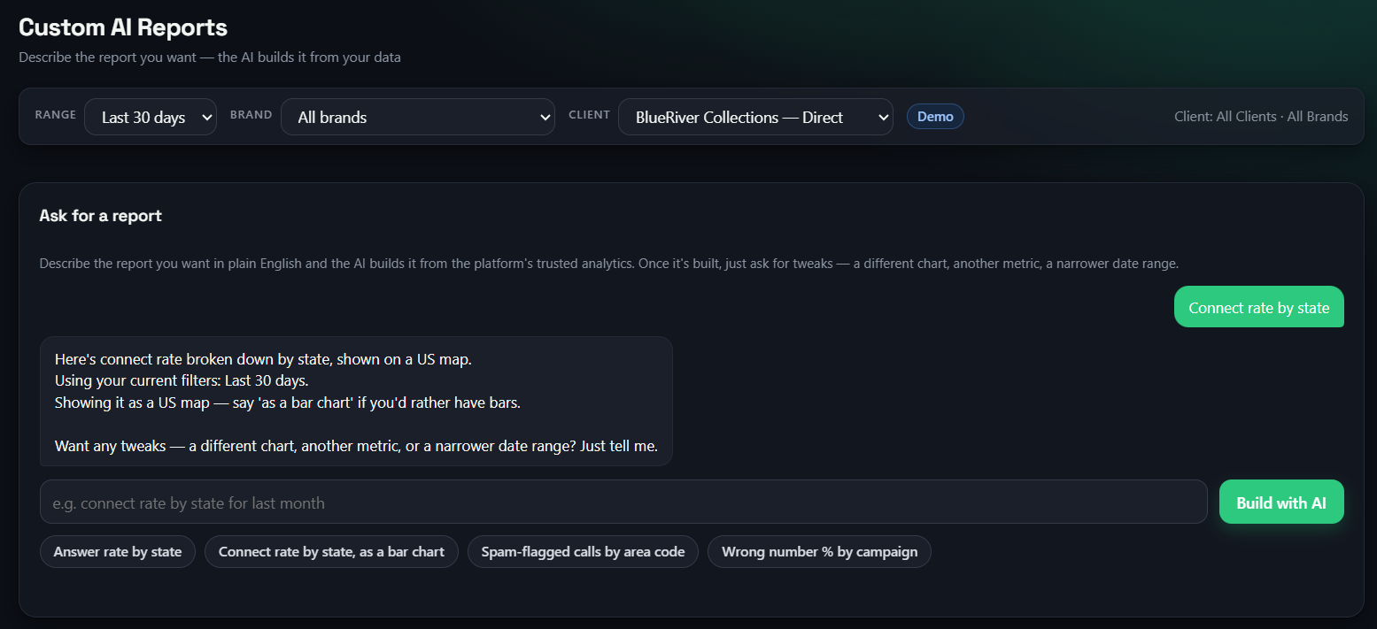 DialSignal Custom AI Reports: describe a report in plain English and the AI builds it
